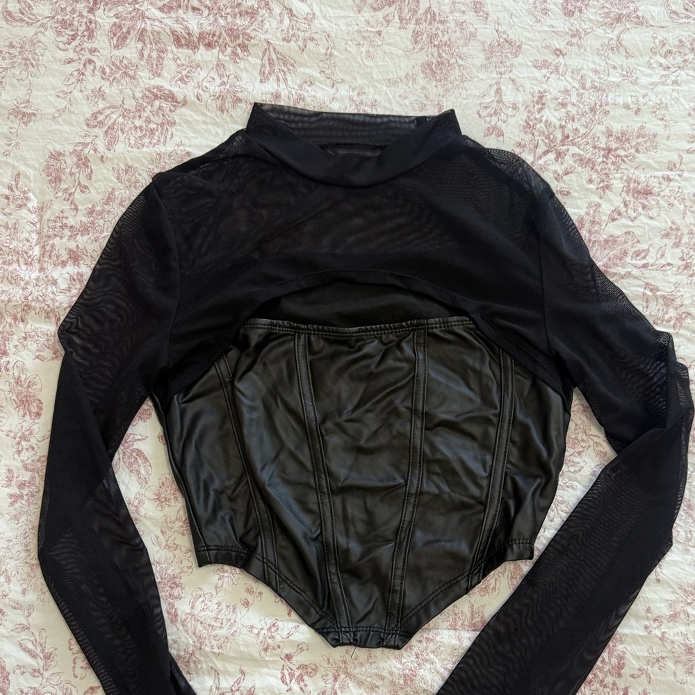 SHEIN Black Faux Leather Top with Sheer Long Sleeves